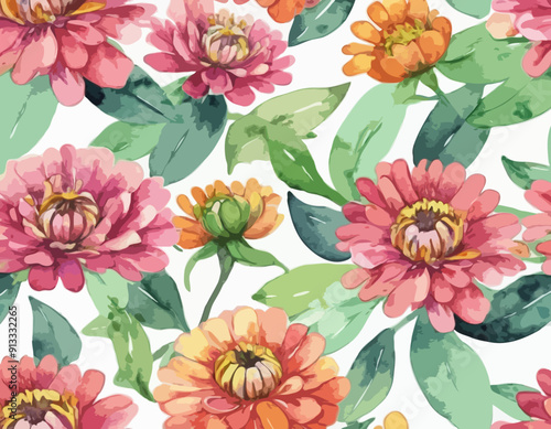 Hand-drawn watercolor zinnia flowers and leaves