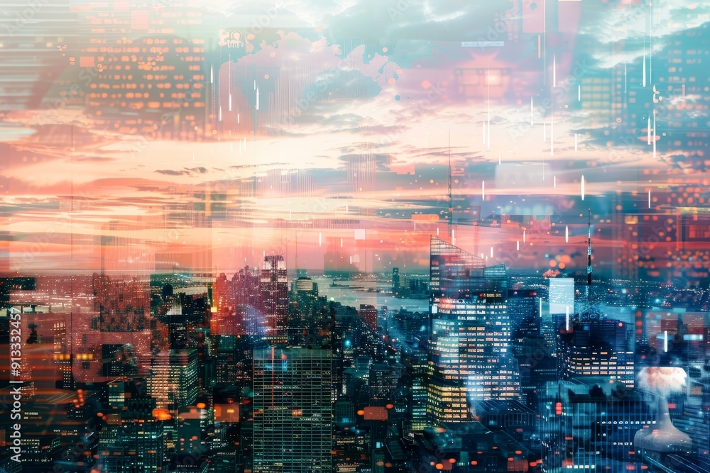Technology symbols merged with city skyline in an artistic double exposure image Technology symbols merged with city skyline in an artistic double exposure image