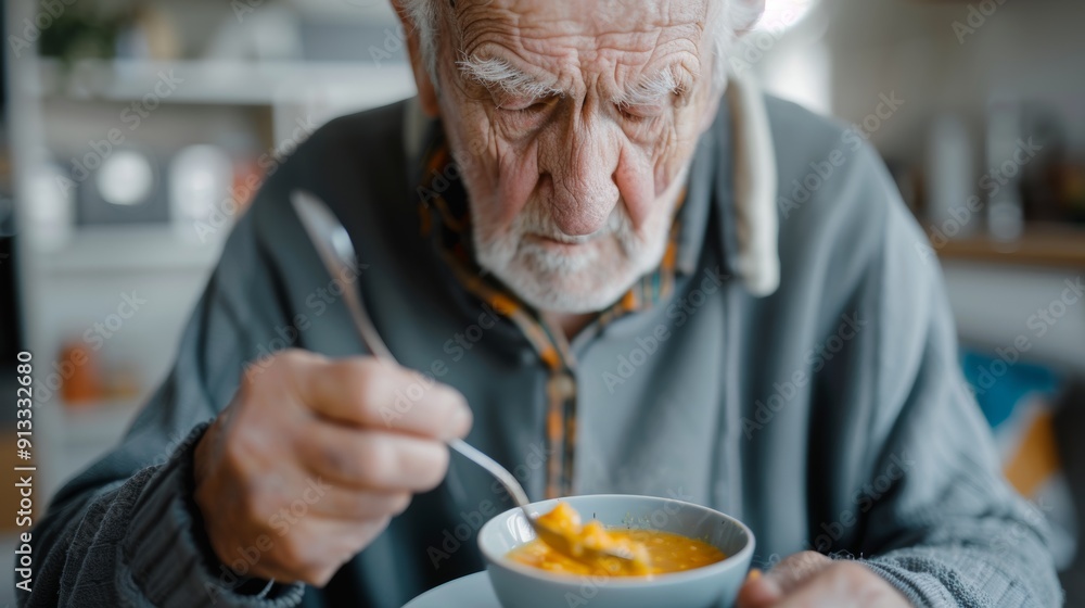 Senior Man Experiencing Difficulty Swallowing Soup - Concept of Dysphagia and Elderly Nutrition Challenges Senior Man Experiencing Difficulty Swallowing Soup - Concept of Dysphagia and Elderly Nutrition Challenges
