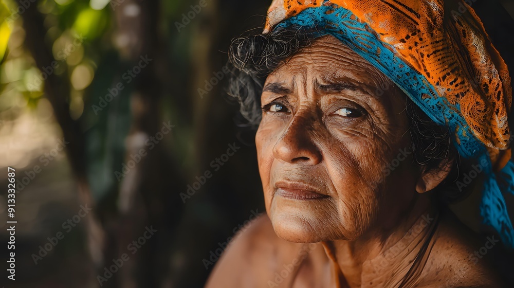 The Weight of Wisdom: A portrait of an indigenous elder, her weathered face etched with the stories of generations, gazes directly at the viewer, conveying a depth of experience and resilience. The Weight of Wisdom: A portrait of an indigenous elder, her weathered face etched with the stories of generations, gazes directly at the viewer, conveying a depth of experience and resilience.