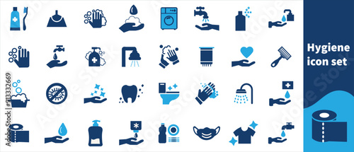 Hygiene web icon set style. Cleaning, washing hands, shower, seminar, soap, respiratory mask, antiseptic, clean, collection. Vector illustration