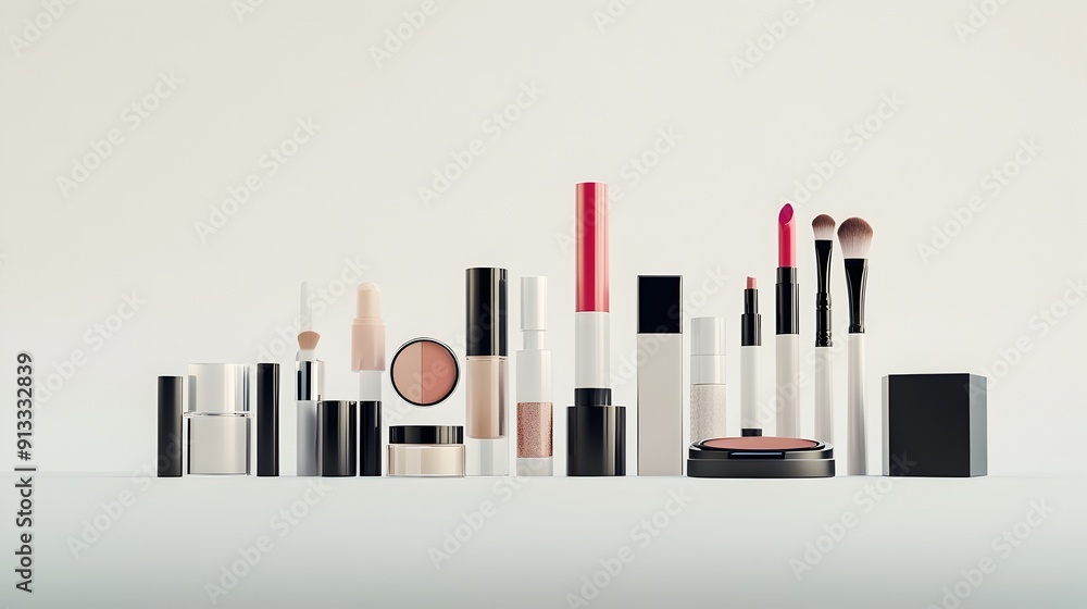 Neatly Organized Cosmetic Collection with Diverse Makeup Items on Plain Background Neatly Organized Cosmetic Collection with Diverse Makeup Items on Plain Background