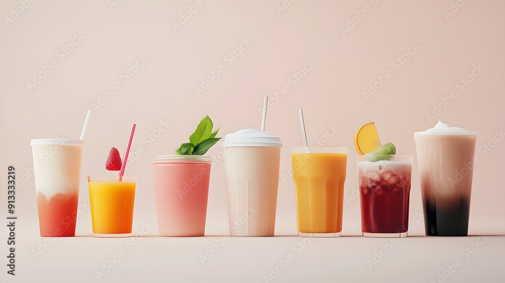 Fototapeta premium Vibrant Beverage Collection Featuring an Array of Coffee,Tea,Juice,Soda,and Smoothie Options