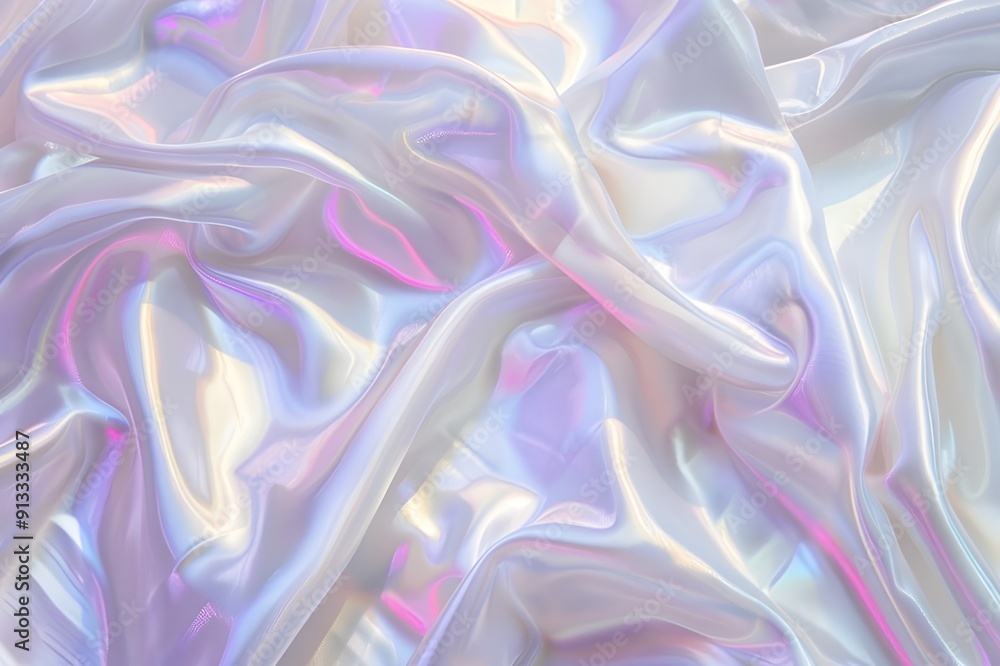 Fototapeta premium Holographic iridescent pastel background with wavy shiny texture, white cloth.
