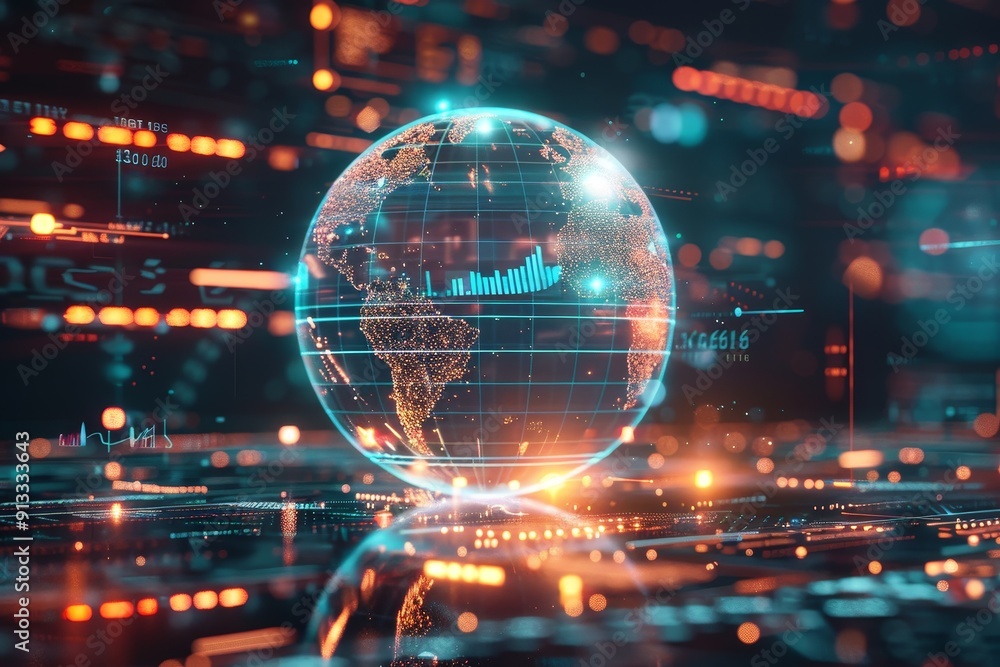 Holographic globe displaying global data and information for futuristic analytics Holographic globe displaying global data and information for futuristic analytics