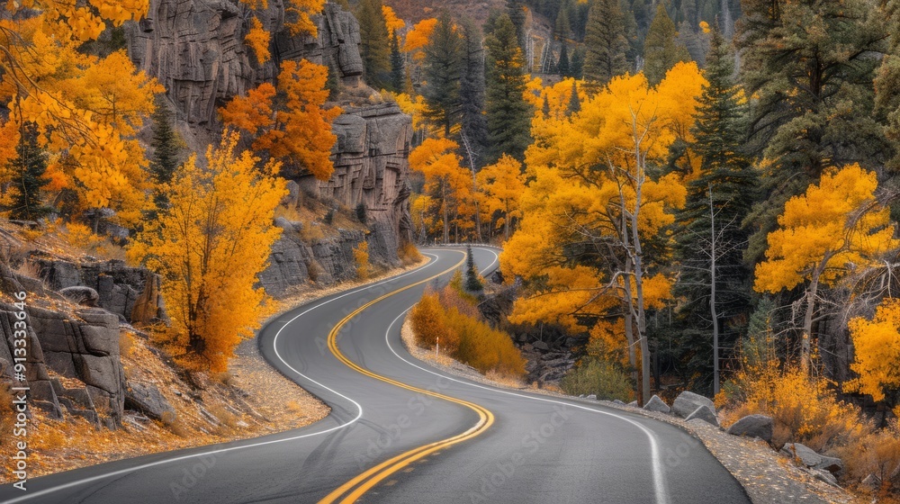Fototapeta premium Winding road with bright autumn leaves in the rocky mountains generative ai