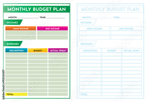 An Illustration of Monthly Budget Planner Templates in cmyk mode. Ready to print. This image showcases budget planner templates to help individuals organize their finances by categorizing incomes,  