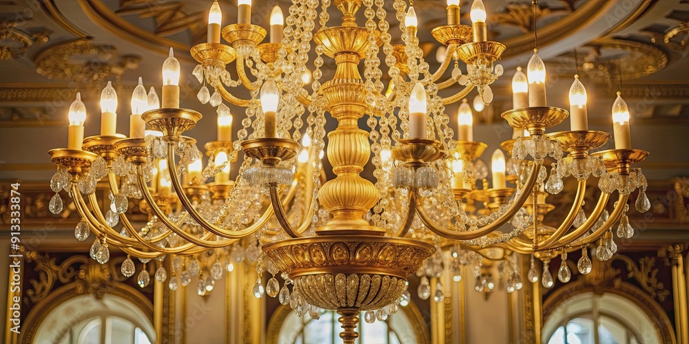 Fototapeta premium Luxurious gold plated chandelier hanging from a ceiling, luxury, elegant, interior design, decorative, expensive, opulent