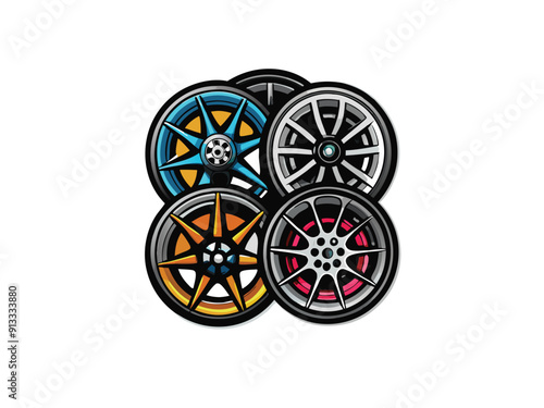 A collection of six car rims in different designs and colors, isolated on a white background.