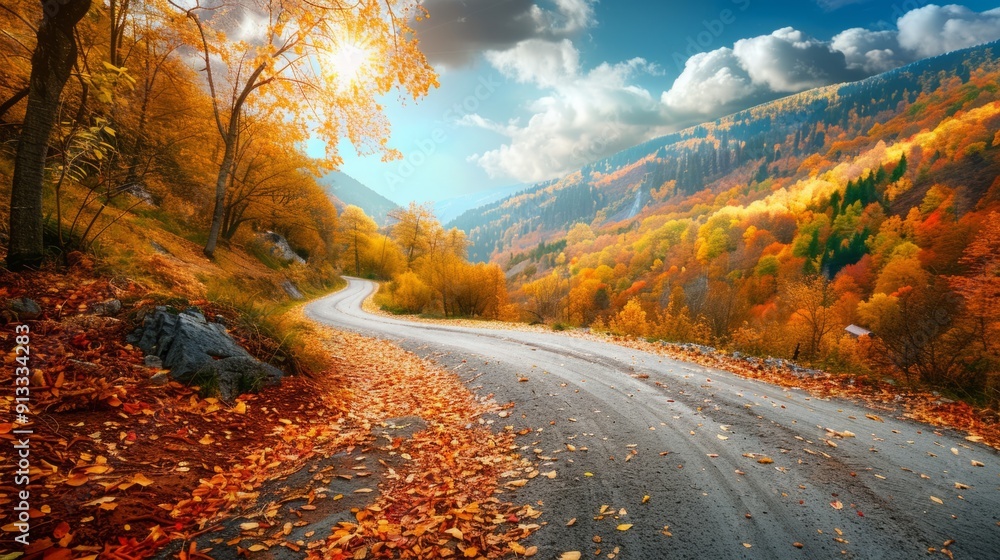 Fototapeta premium Winding road with bright autumn leaves in the rocky mountains generative ai