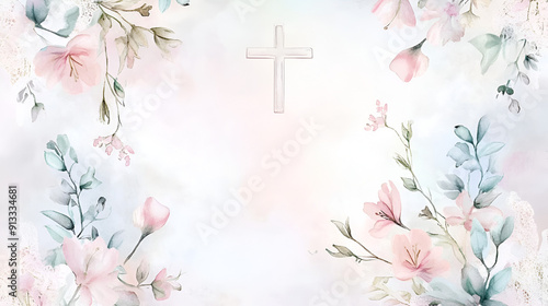 diseño de una invitacion en colores pastel con una cruz al centro para celebracion o festejo bautizo o primera comunion o boda diseño de flores elegantes 