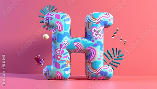 Three dimensions colorful letter H with abstract floral pattern, on pink background. photo