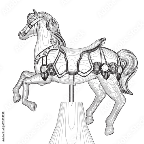 Black and White Drawing contour vector illustration of a carousel horse in a white background For assembly Or create teaching material for mothers who do