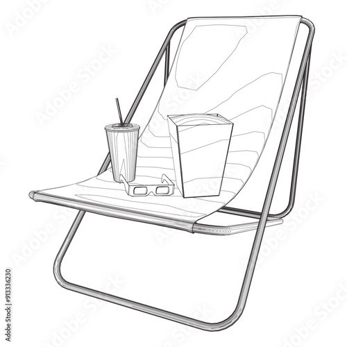 Outline of a folding beach chair with a package of popcorn, a glass of soda and cinema glasses. Vector illustration.
