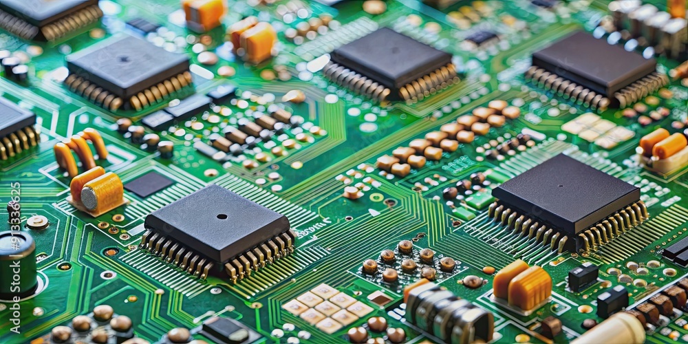 Close-up of computer circuit board with various components, PC, technology, interworkings, motherboard, electronic Close-up of computer circuit board with various components, PC, technology, interworkings, motherboard, electronic