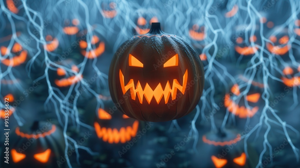 Fototapeta premium A spooky Halloween scene featuring a menacing pumpkin surrounded by glowing jack-o'-lanterns and ominous lightning effects.
