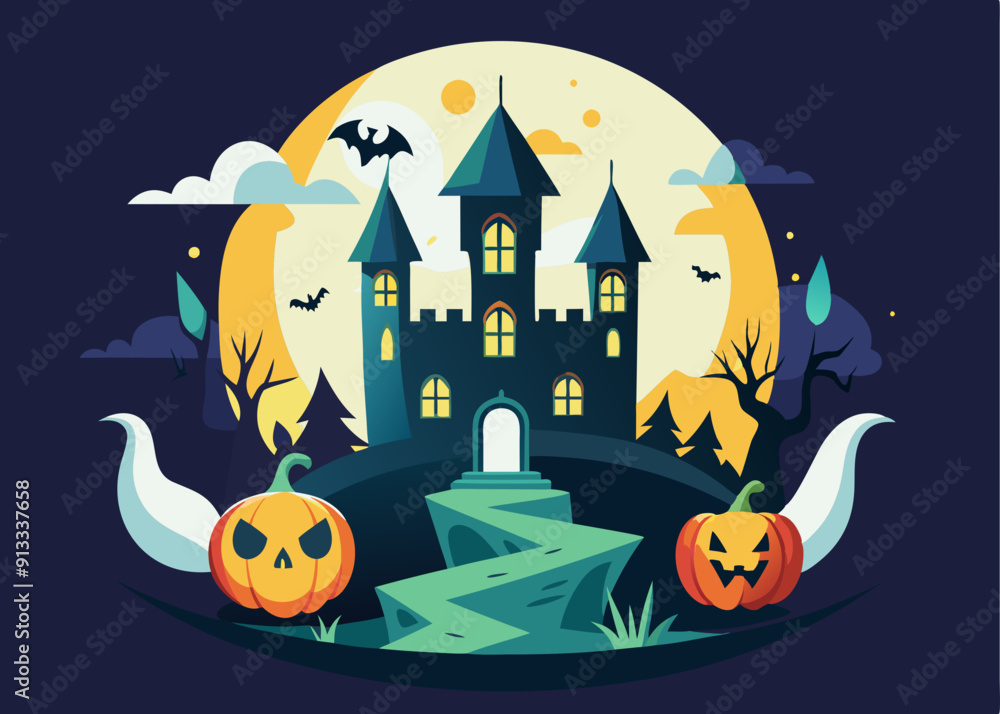 Night and scary castle with pumpkins and bats in the graveyard Night and scary castle with pumpkins and bats in the graveyard