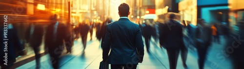 Businessman navigating a crowded urban sidewalk, Commute to work, dynamic city movement