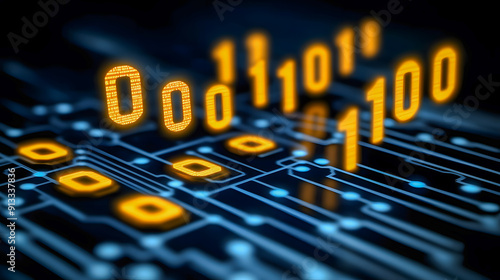 Futuristic digital circuit board with binary code data connectivity and high tech inspired design  Showcasing the advanced technology innovation photo