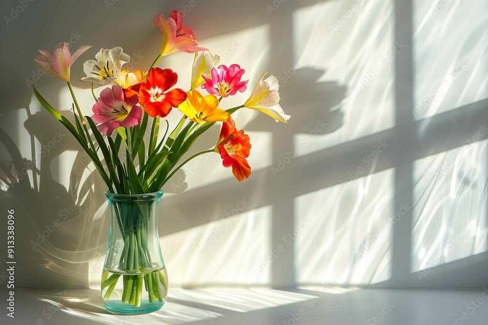 A bouquet of vibrant flowers arranged in a glass vase, casting beautiful shadows on a white surface A bouquet of vibrant flowers arranged in a glass vase, casting beautiful shadows on a white surface