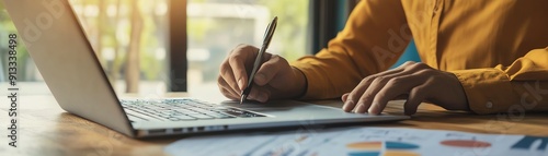 Entrepreneur writing a business plan on a laptop, Business plan, startup preparation