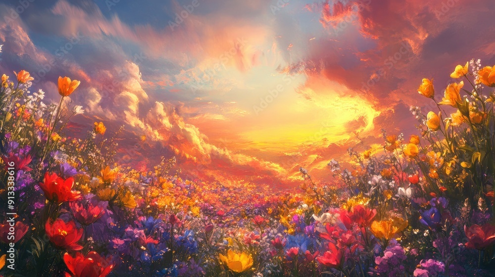 Anime-style spring flowers, colorful fantasy landscape, digital painting background, 3D illustration Anime-style spring flowers, colorful fantasy landscape, digital painting background, 3D illustration
