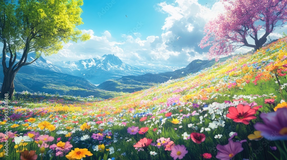 Anime-style flower field, vibrant spring landscape, fantasy setting, digital painting, 3D illustration Anime-style flower field, vibrant spring landscape, fantasy setting, digital painting, 3D illustration