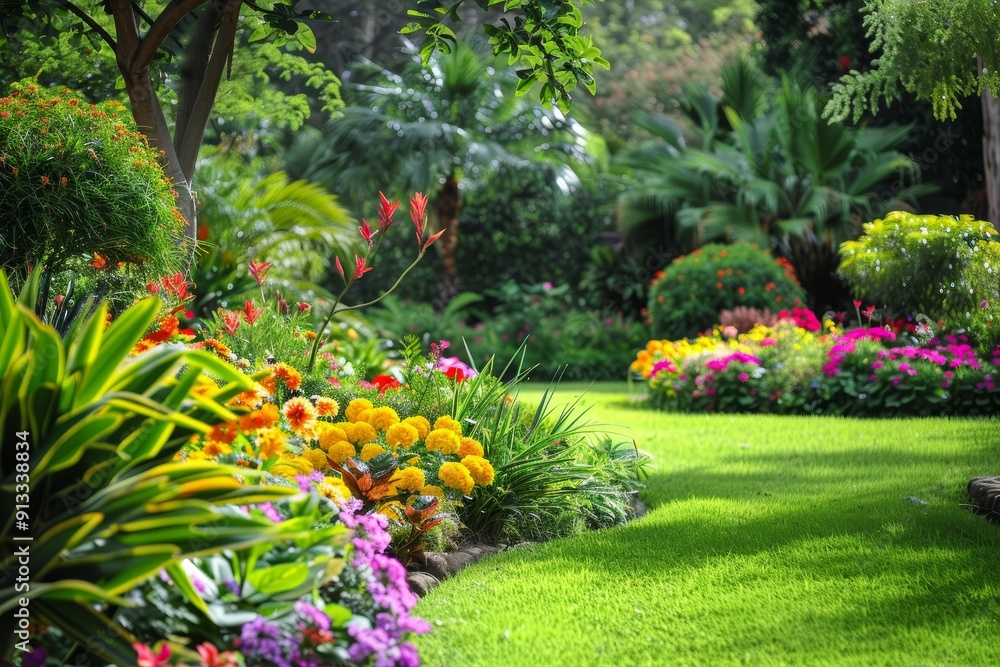 A tranquil garden scene with colorful flowers and lush green foliage, a haven of peace and serenity A tranquil garden scene with colorful flowers and lush green foliage, a haven of peace and serenity