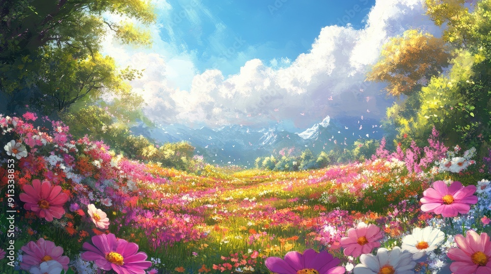 Fototapeta premium Colorful flower field, spring fantasy landscape, anime style, digital painting, 3D illustration
