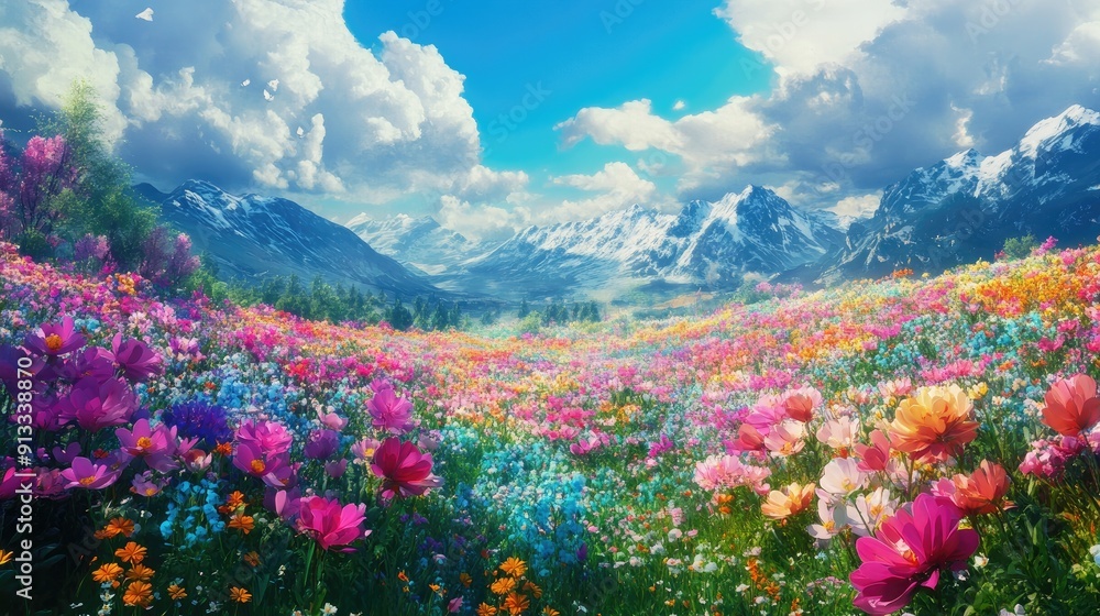 Fototapeta premium Colorful flower field, spring fantasy landscape, anime style, digital painting, 3D illustration