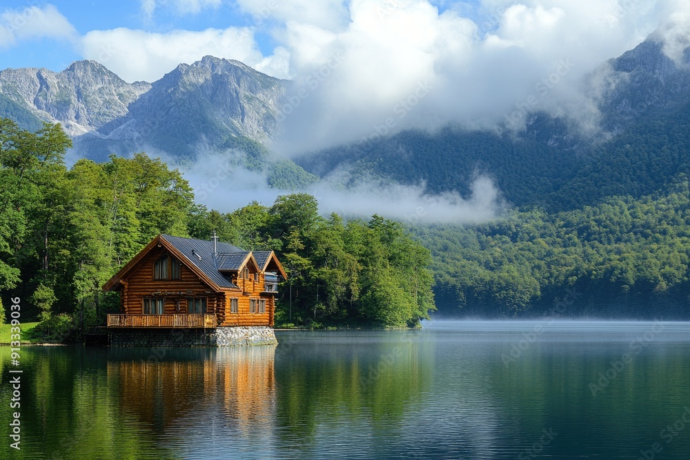 Wooden cabin on a lake surrounded by trees and mountains. Perfect for travel, nature, and relaxation-themed projects. Wooden cabin on a lake surrounded by trees and mountains. Perfect for travel, nature, and relaxation-themed projects.