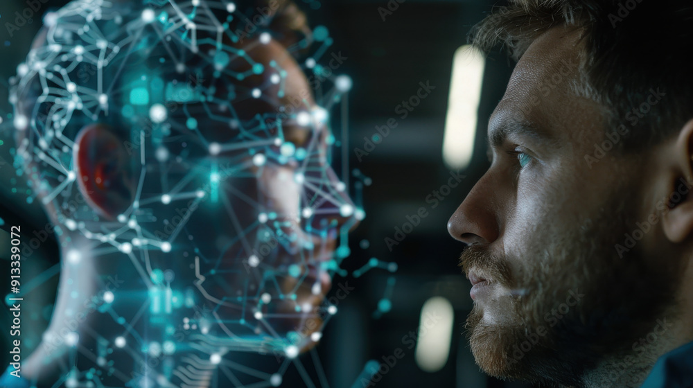 Smart assistant technology: Man chatting with artificial intelligence, using a virtual interface, Chatbot, ChatGPT Smart assistant technology: Man chatting with artificial intelligence, using a virtual interface, Chatbot, ChatGPT