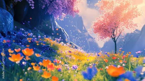 Fantasy landscape, colorful spring flowers, anime-inspired, digital painting background, 3D illustration