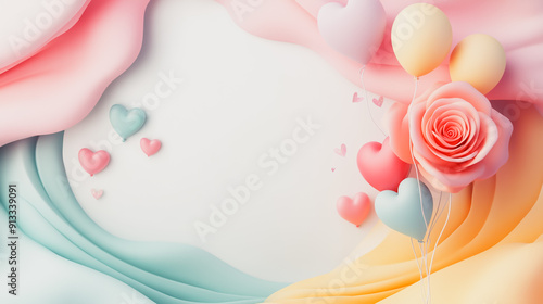 Abstract white background with pastel colorful 3D abstract background overlap layer on dark space with ose, balloon and heart decoration. Modern graphic design element motion styl