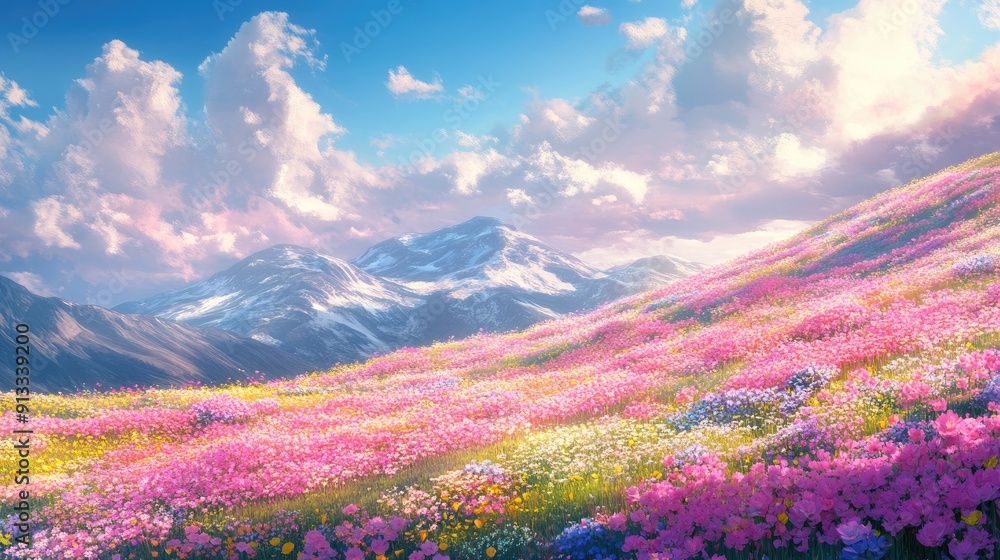 Spring fantasy landscape, beautiful flower field, anime colors, digital painting, 3D illustration Spring fantasy landscape, beautiful flower field, anime colors, digital painting, 3D illustration