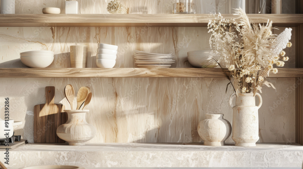 Sophisticated kitchen interior featuring beige shelves, a vase with dried flowers, and personal accessories. Sophisticated kitchen interior featuring beige shelves, a vase with dried flowers, and personal accessories.