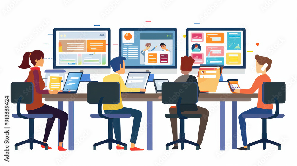 Startup team developing software on multiple screens. Startup team developing software on multiple screens.