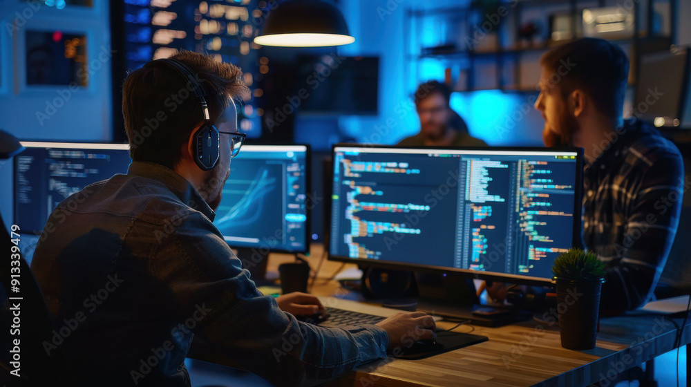 Startup team developing software on multiple screens. Startup team developing software on multiple screens.