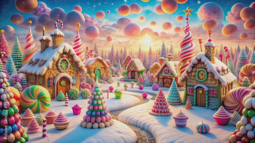 Enchanting fantasy land covered in colorful candy canes and gingerbread houses, fairytale, dreamy, whimsical, magical Enchanting fantasy land covered in colorful candy canes and gingerbread houses, fairytale, dreamy, whimsical, magical