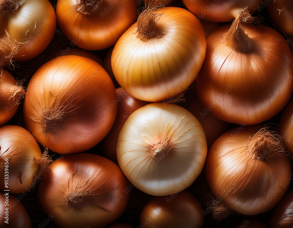 top view of many fresh shiney whole onions with dry peel arranged in pile top view of many fresh shiney whole onions with dry peel arranged in pile