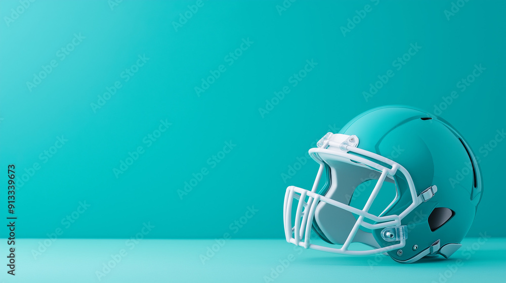 Metallic silver American football helmet with white face mask positioned on vibrant teal background, showcasing sleek sports equipment design in minimalist studio setting with copy space Metallic silver American football helmet with white face mask positioned on vibrant teal background, showcasing sleek sports equipment design in minimalist studio setting with copy space