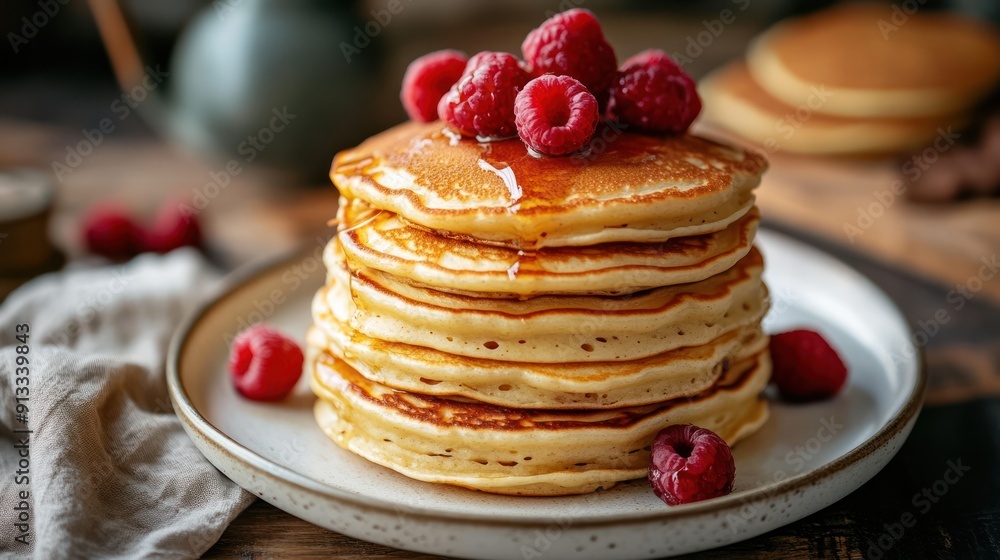 Delicious Stack of Pancakes with Syrup and Raspberries Delicious Stack of Pancakes with Syrup and Raspberries