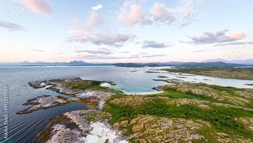 Norway natural landscape in the north, Norland, Hamaroy area. Beautiful aerial landscape of Northern Norway with sea and mountains in Scandinavia by drone photo