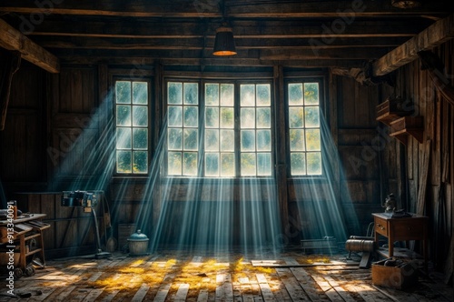 Wallpaper Mural Sunbeams streaming through the windows of a rustic workshop, illuminating the wooden interior and tools in a warm, nostalgic light.. Torontodigital.ca