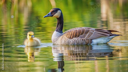 Junge G?nsek?ken schwimmen mit Mutter Gans im Wasser, G?nsek?ken, Jungtiere, Gans, Familienausflug, Wasserspa?, Natur photo