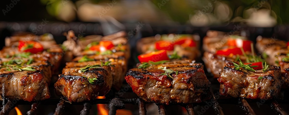 Delicious grilled steak with fresh herbs and red peppers, perfect for summer barbecues and culinary delights. Delicious grilled steak with fresh herbs and red peppers, perfect for summer barbecues and culinary delights.