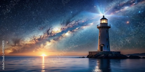 Majestic lighthouse under a starlit sky surrounded by shimmering waters , lighthouse, stars, night sky, ocean