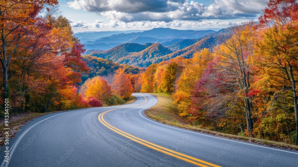 Winding road with colorful fall foliage in the mountainous backdrop generative ai Winding road with colorful fall foliage in the mountainous backdrop generative ai