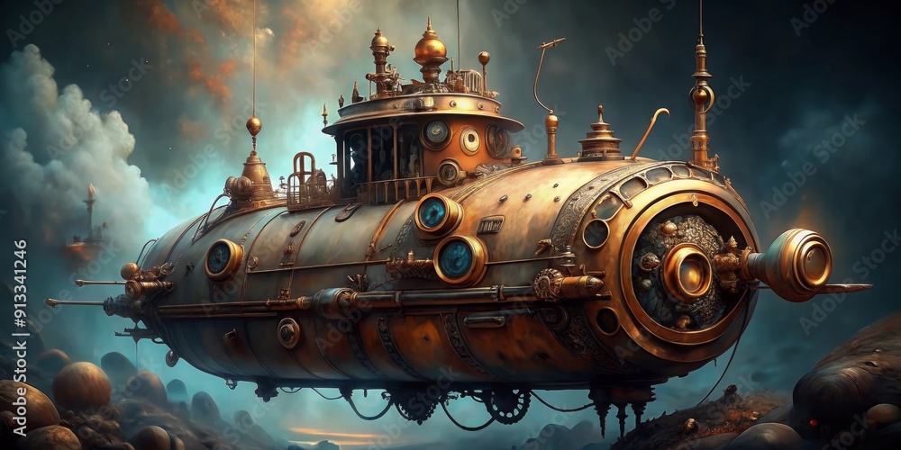 Fototapeta premium Steampunk submarine with intricate brass and copper details, equipped with steam-powered engines, submarine