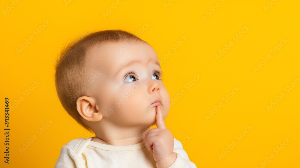Curious baby boy in white onesie with finger on chin, looking up thoughtfully against vibrant yellow background, portraying innocence and wonder in childhood development Curious baby boy in white onesie with finger on chin, looking up thoughtfully against vibrant yellow background, portraying innocence and wonder in childhood development